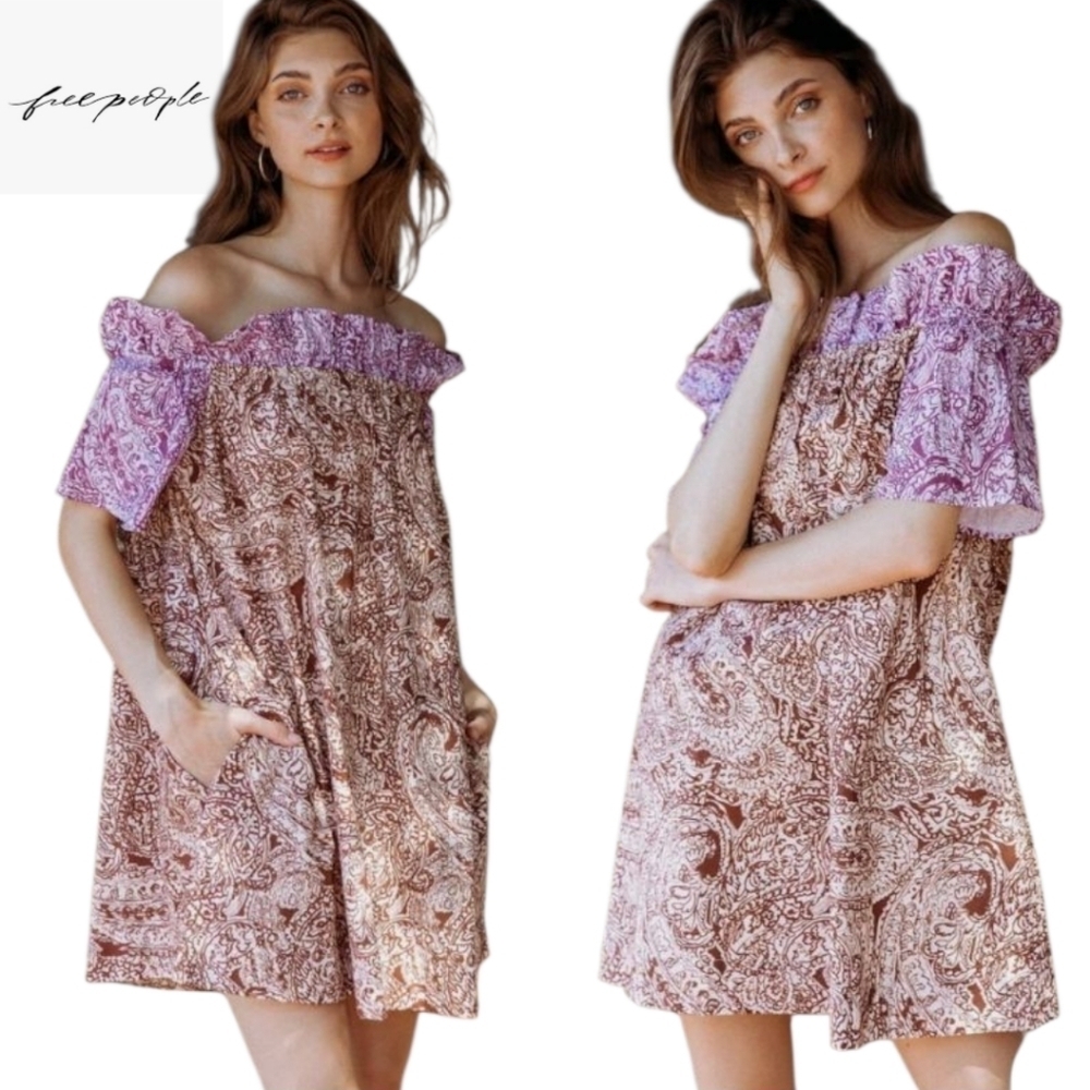 Free People Sophie Off The Shoulder Printed Mini Dress XS
